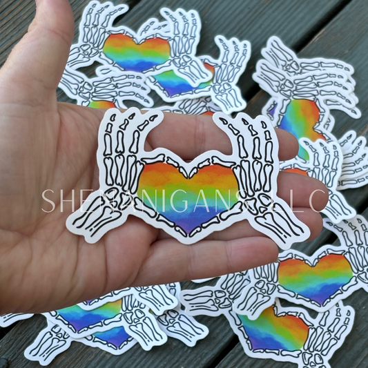 Skeleton Heart Bone Hands with Pride Flag Digital Art Sticker