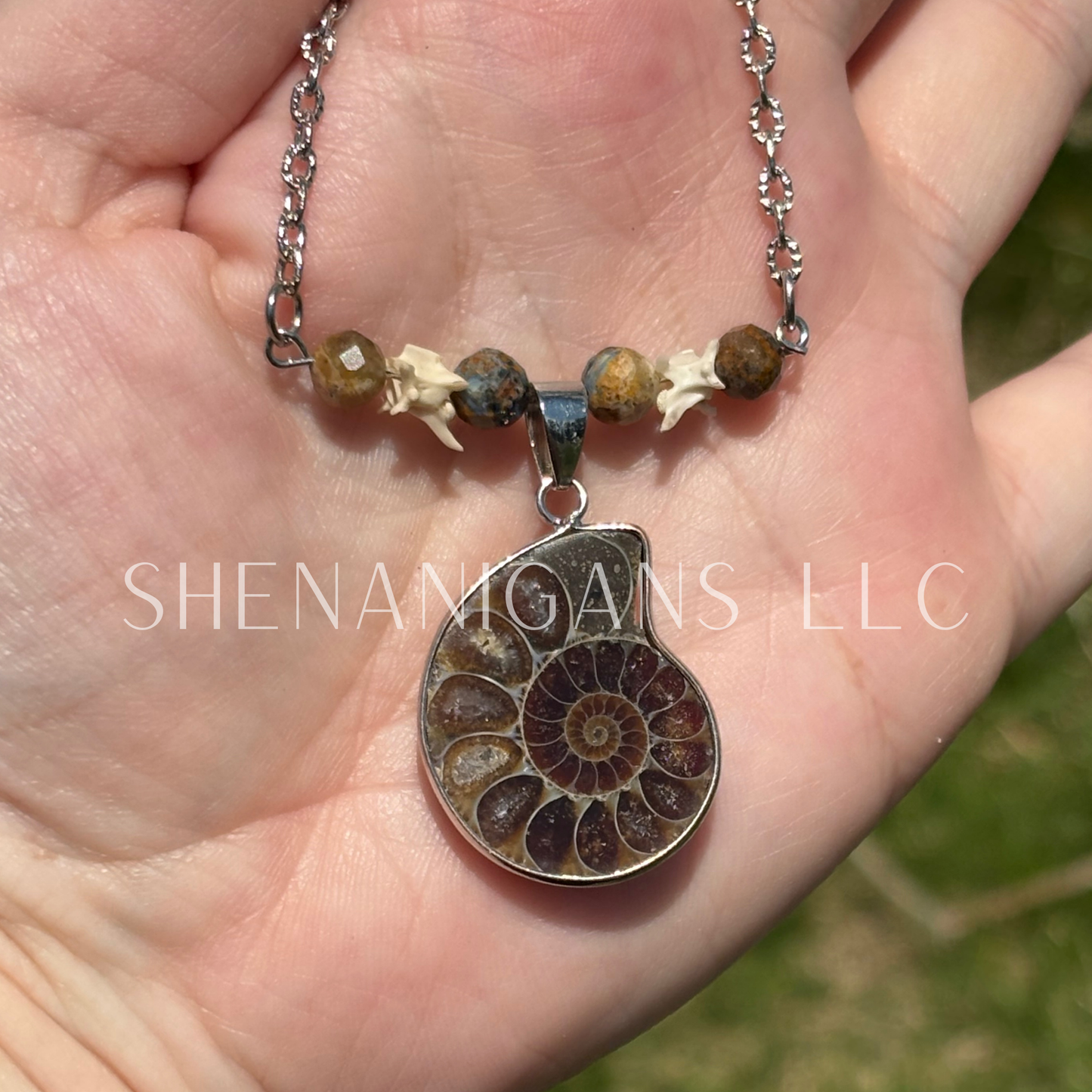 Sliced Ammonite Shell Necklace – Pietersite Beads & Rattlesnake Vertebrae
