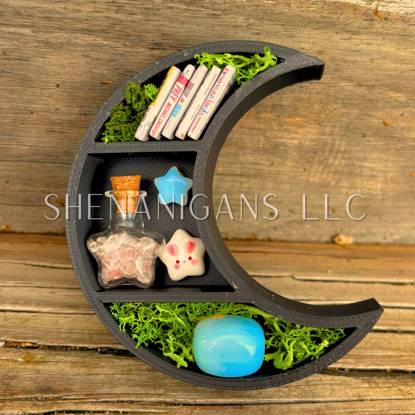 Mini Crescent Moon Crystal Shelf | 3D Printed Moon Display with Handpicked Crystals, Moss & Trinkets Magnet