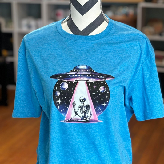 Skeleton Alien Ship Blue Shirt, Beam me up