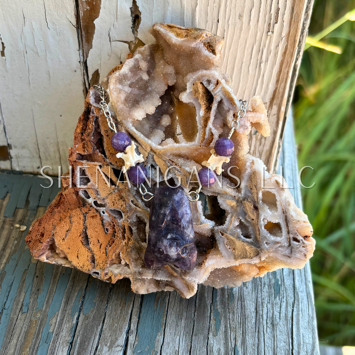 Amethyst Bat Necklace with Lepidolite Beads and Rattlesnake Vertebrae