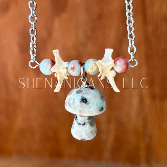 Kiwi Jasper Mushroom Necklace with Aqua Terra Beads and Rattlesnake Vertebrae