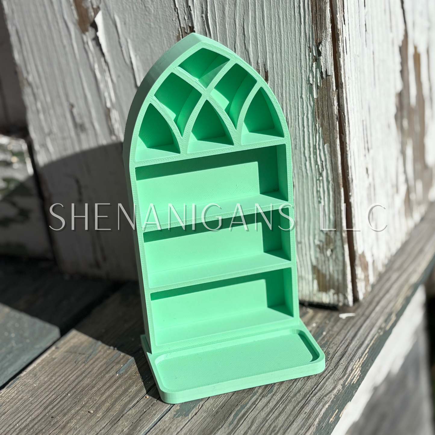 Curio Shelf Gothic Window w/ Tray - Size: Fits 1/2" wide Micro Jars 5x3 - Trinket, Desk, Crystal