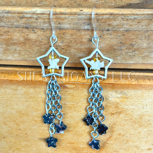 Shooting Star Earrings with Rhodonite Stars & Rattlesnake Vertebrae – Handmade Celestial Coffin Display