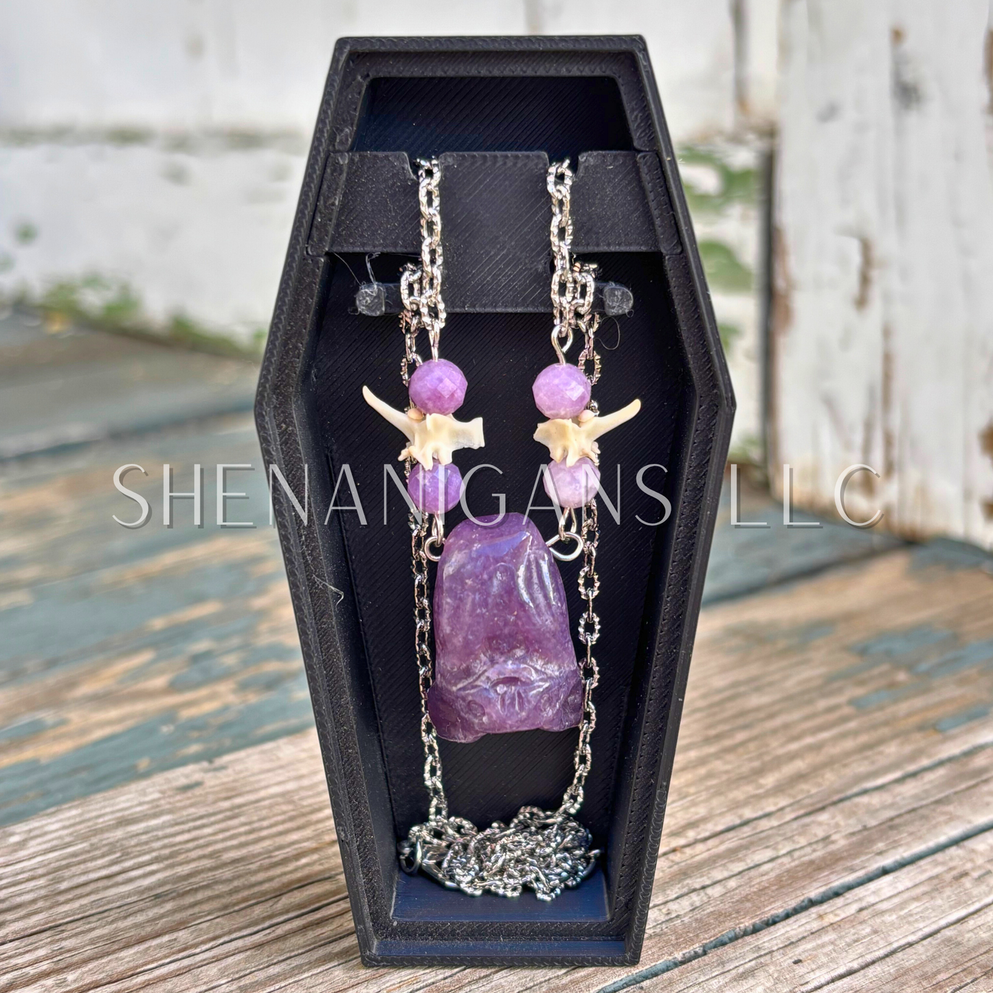 Lepidolite Bat Necklace – Crystal Carving with Lepidolite Beads & Silver Chain