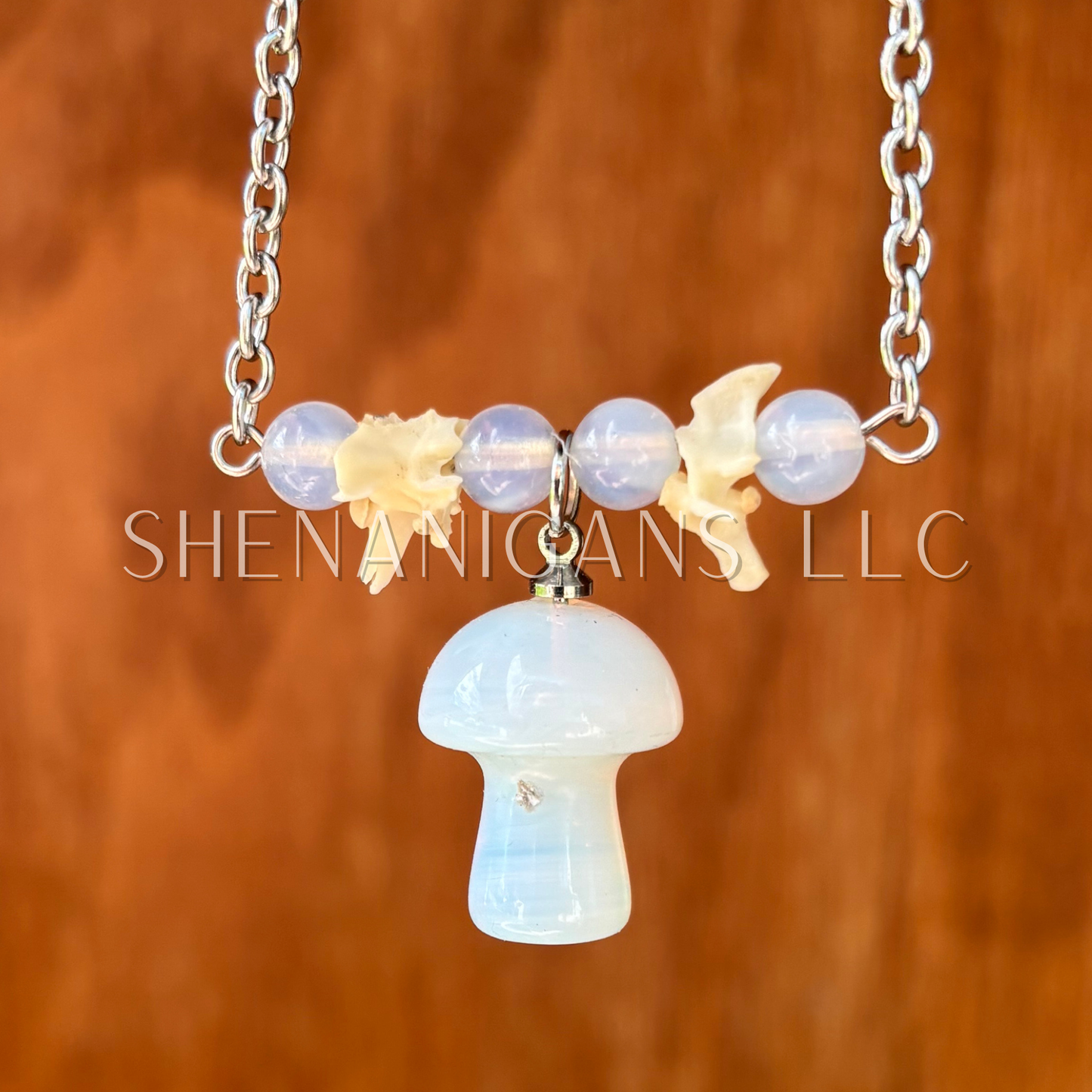 Opalite Mushroom Necklace with Rattlesnake Vertebrae