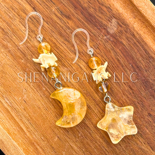Golden Healer Star and Moon Earrings