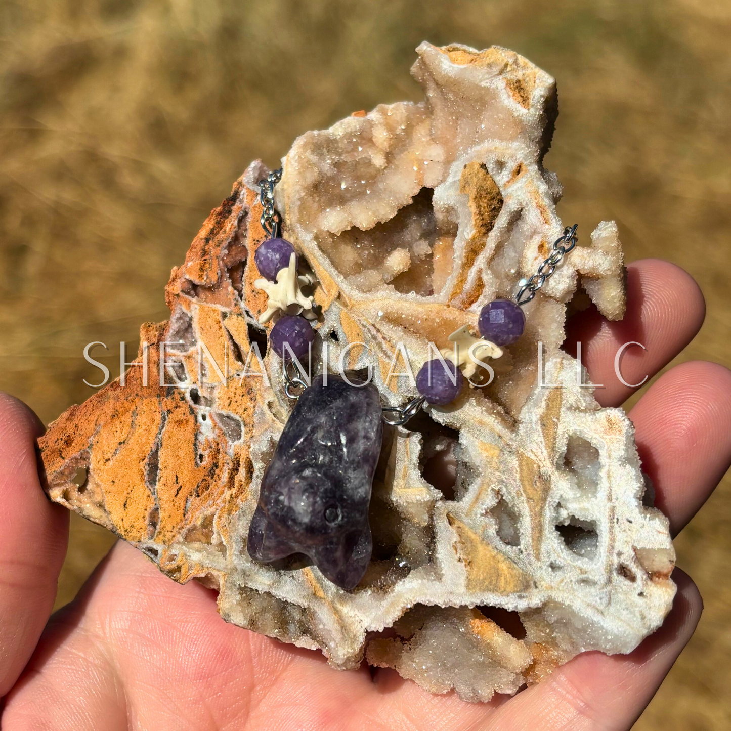 Amethyst Bat Necklace with Lepidolite Beads and Rattlesnake Vertebrae