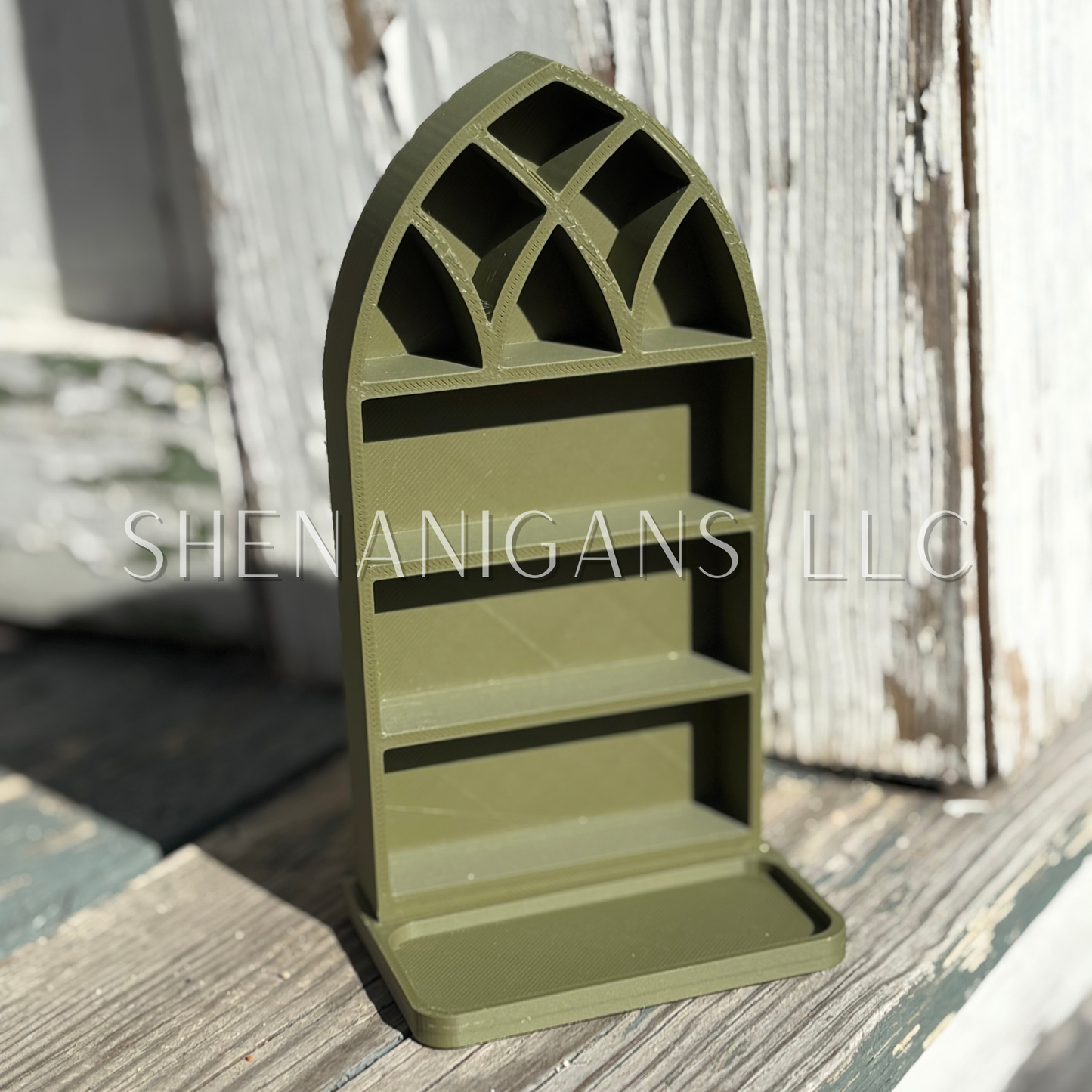 Curio Shelf Gothic Window w/ Tray - Size: Fits 1/2" wide Micro Jars 5x3 - Trinket, Desk, Crystal