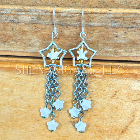 Shooting Star Earrings with White Mother of Pearl Stars & Rattlesnake Vertebrae – Handmade Celestial Coffin Display
