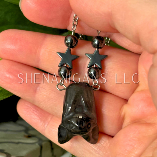 Obsidian Hanging Fruit Bat Necklace with Hematite Beads