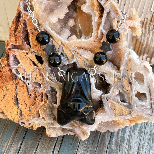 Obsidian Hanging Fruit Bat Necklace with Obsidian Beads