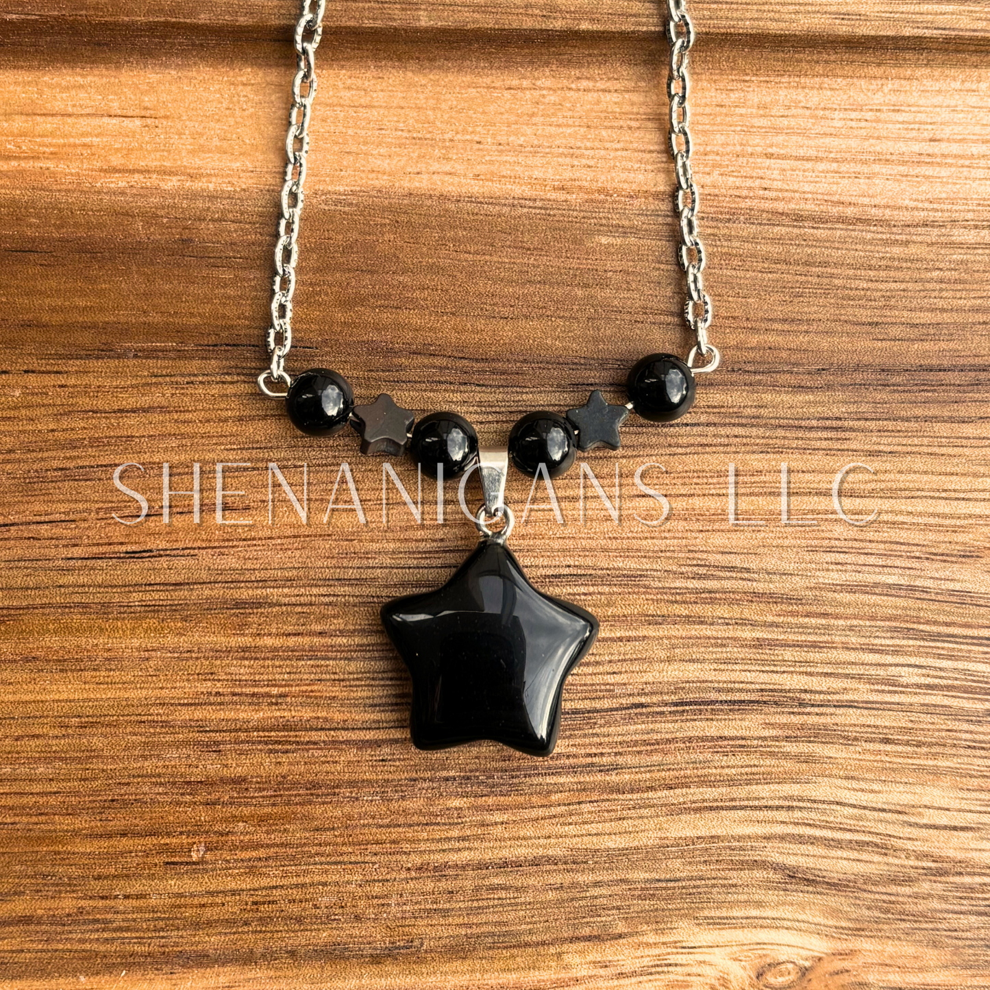 Obsidian Star Necklace – Crystal Carving with Beads