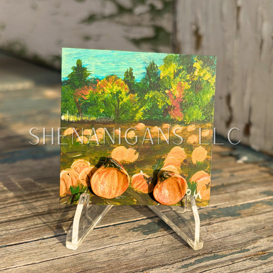 Pumpkin Patch Mini Mixed Media Tile Painting with Painted Shells by IrisISBeauty - Handpainted Micro Art