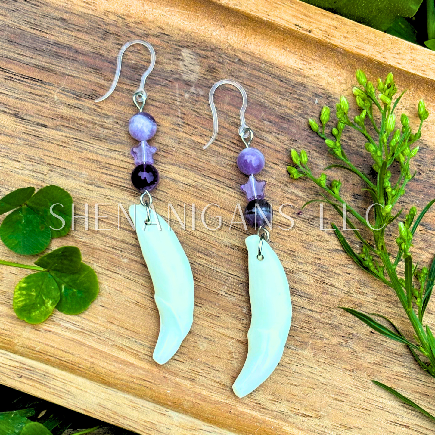 Coyote Tooth with Amethyst Earrings – Crystal Star Dangle Jewelry