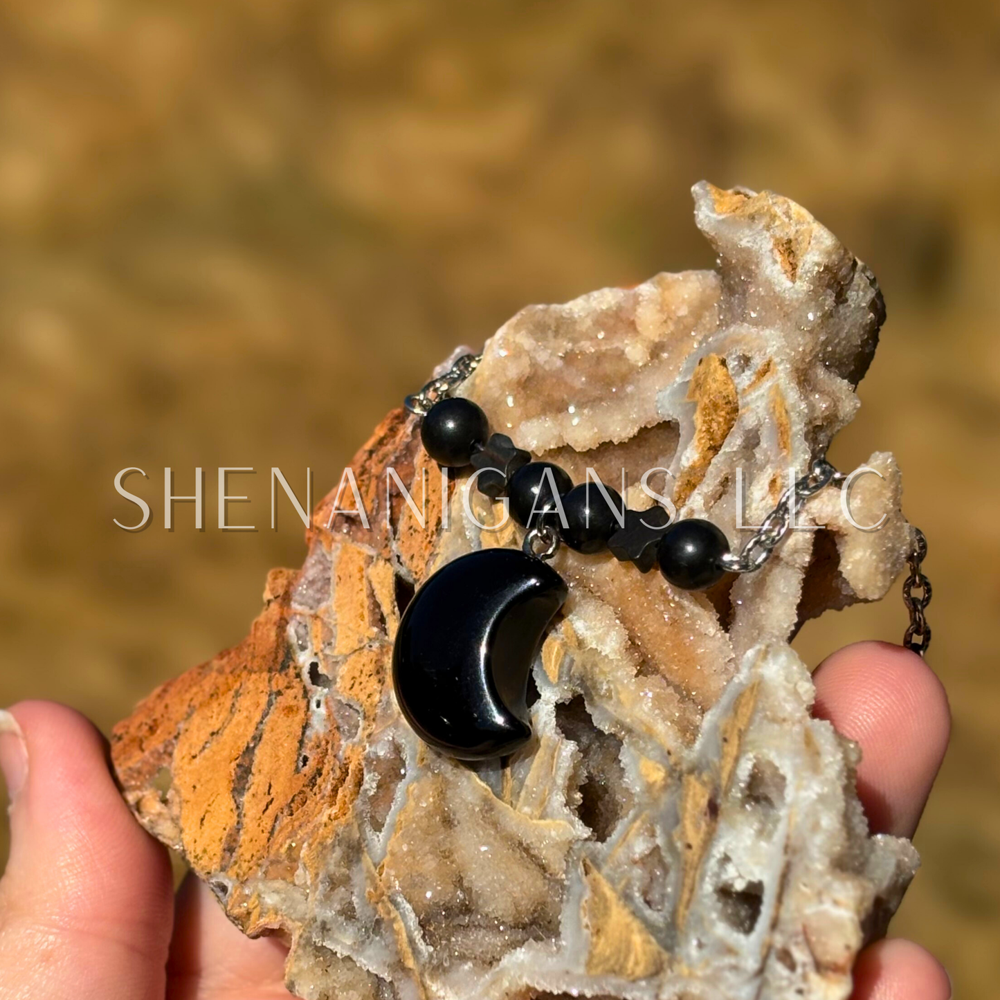 Obsidian Moon Necklace – Crystal Carving with Beads