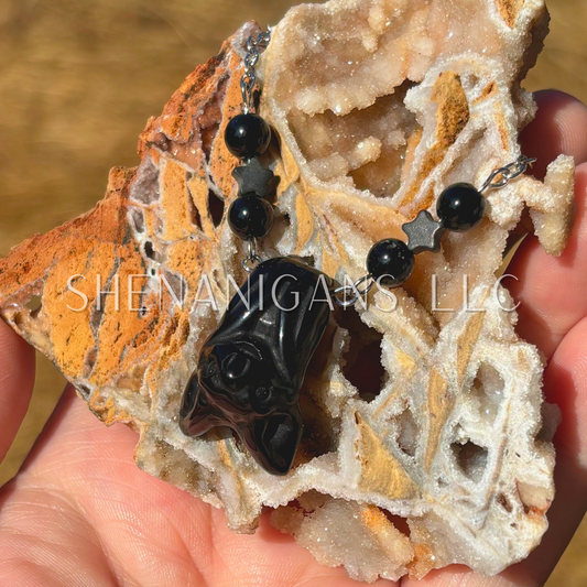 Obsidian Hanging Fruit Bat Necklace with Obsidian Beads