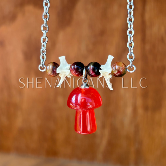 Red Cat Eye Mushroom Necklace with Galaxy Tigers Eye Beads and Rattlesnake Vertebrae