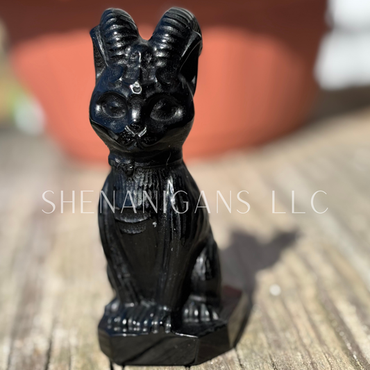 Cat with Goat Horns - Obsidian - Crystal Carving