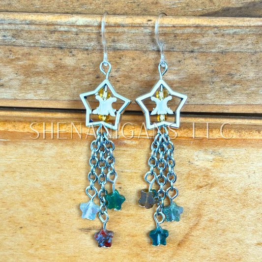Shooting Star Earrings with Ocean Jasper Stars & Rattlesnake Vertebrae – Handmade Celestial Coffin Display