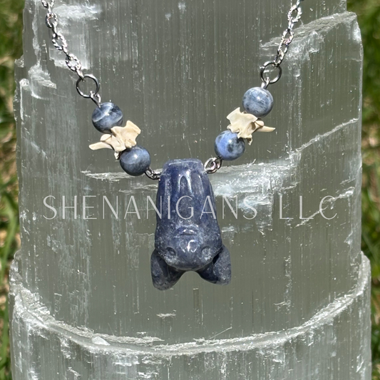 Sodalite Bat Pendant Necklace – Carved Hanging Bat, Sodalite Beads & Rattlesnake Vertebrae