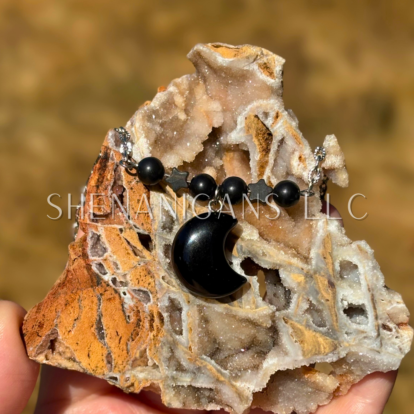 Obsidian Moon Necklace – Crystal Carving with Beads