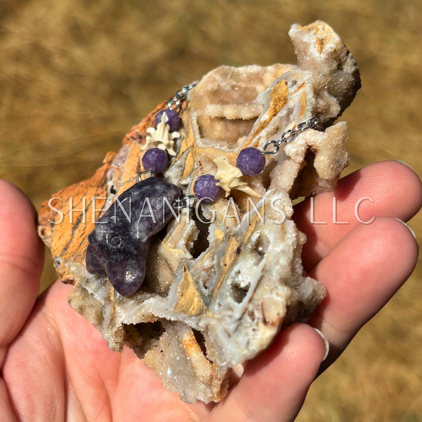 Amethyst Bat Necklace with Lepidolite Beads and Rattlesnake Vertebrae