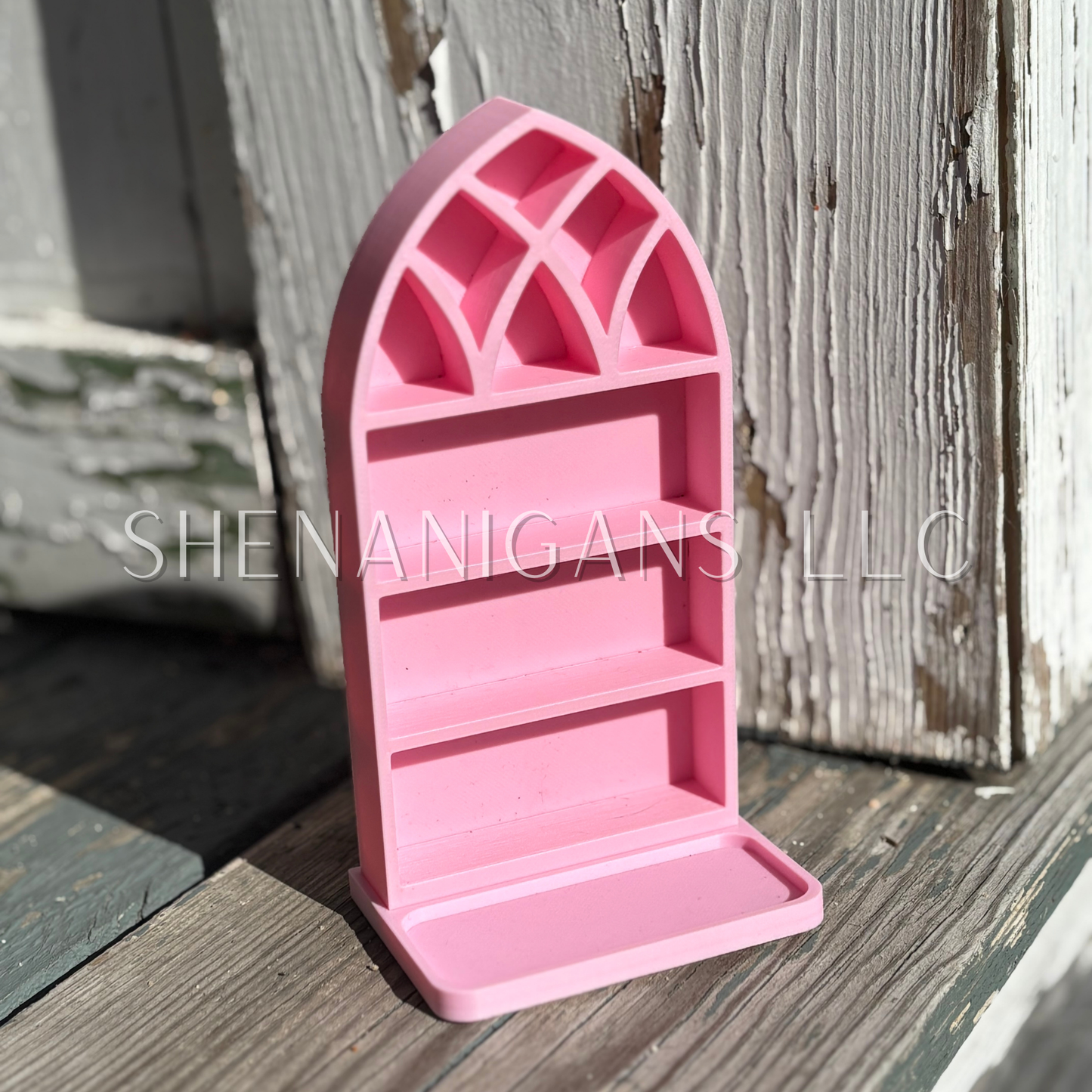 Curio Shelf Gothic Window w/ Tray - Size: Fits 1/2" wide Micro Jars 5x3 - Trinket, Desk, Crystal