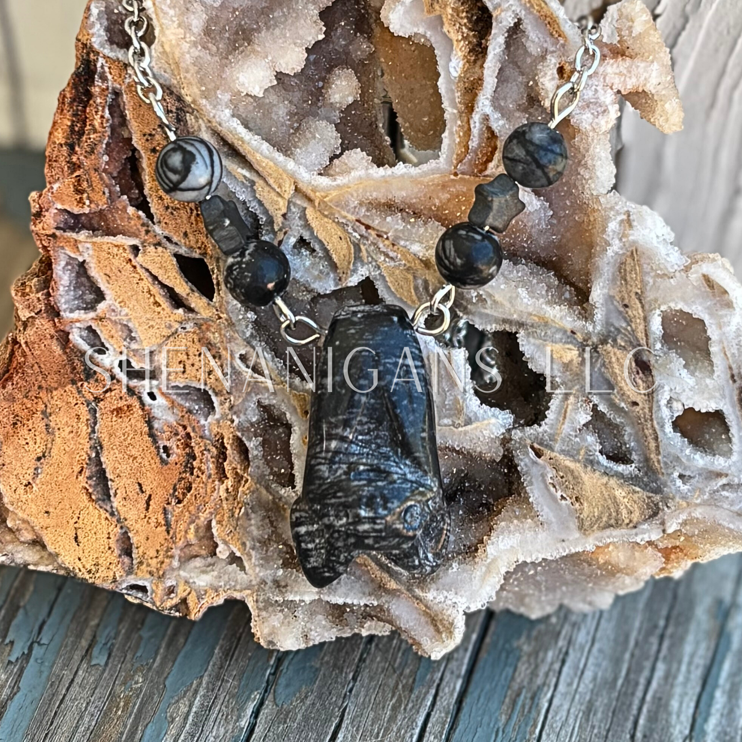 Spiderweb Jasper Hanging Fruit Bat Necklace with Spiderweb Jasper Beads