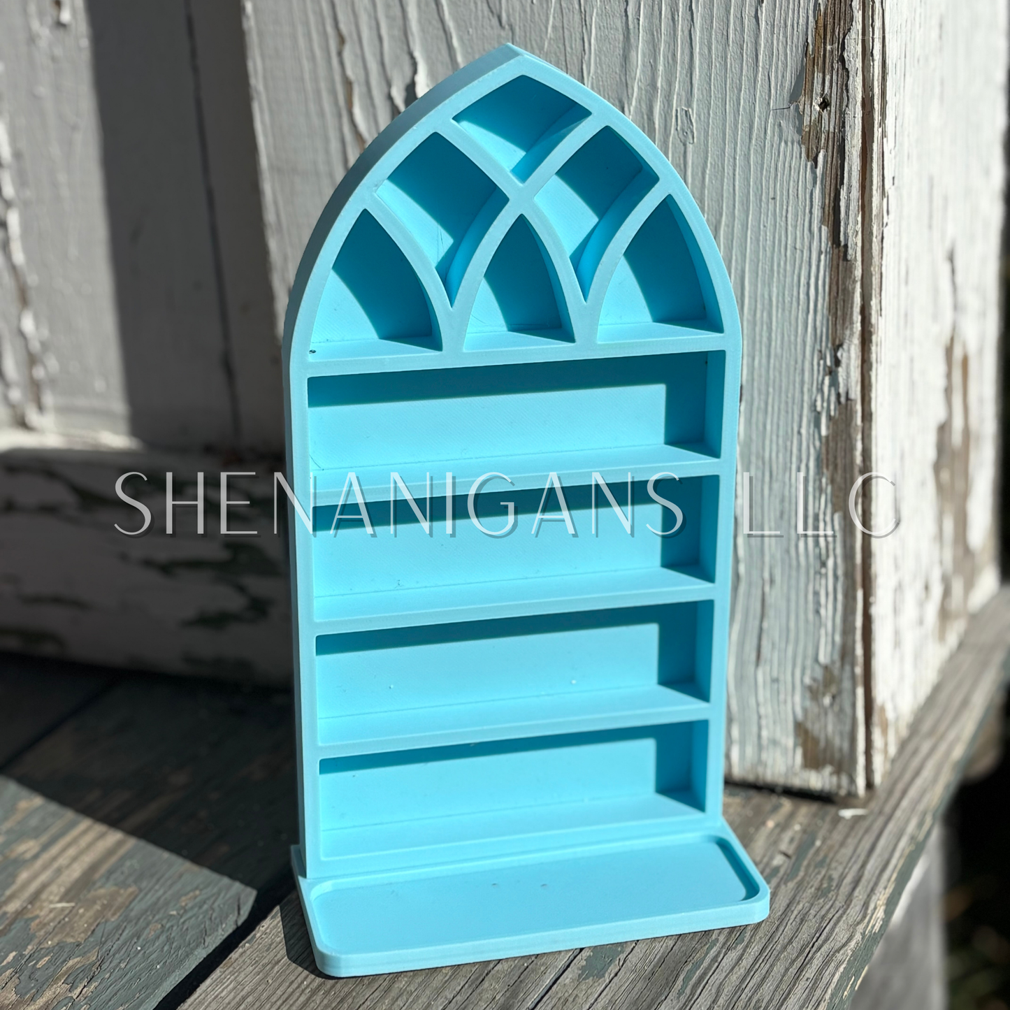 Curio Shelf Gothic Window w/ Tray - Size: Fits 1/2" wide Micro Jars 8x4 - Trinket, Desk, Crystal