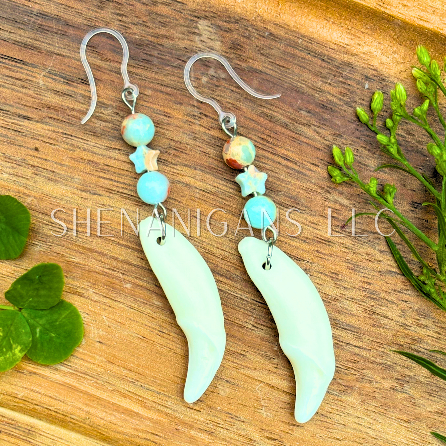 Coyote Tooth with Aqua Terra Earrings – Crystal Star Dangle Jewelry