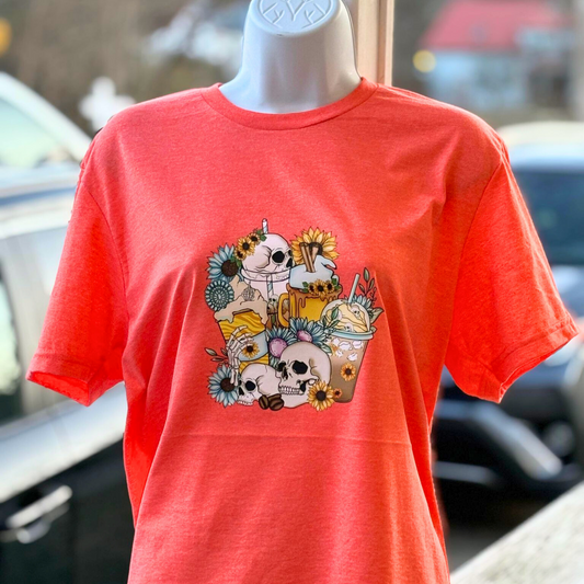 Skull, Coffee, Iced Coffee Orange Shirt, Sunflowers, Summer, Death Before Decaf, Coffee Beans