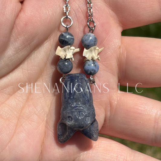 Sodalite Bat Pendant Necklace – Carved Hanging Bat, Sodalite Beads & Rattlesnake Vertebrae