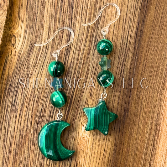 Malachite Moon and Star Earrings – Crystal Carving