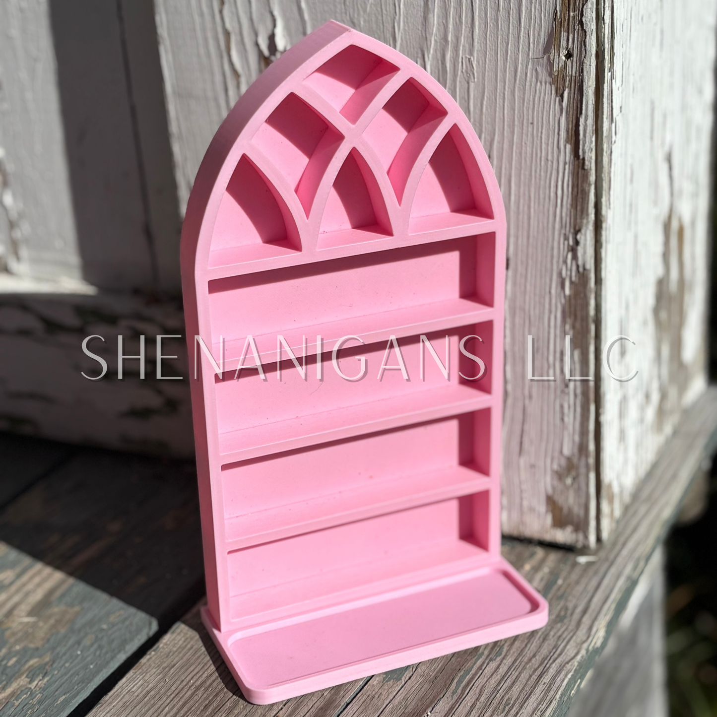 Curio Shelf Gothic Window w/ Tray - Size: Fits 1/2" wide Micro Jars 8x4 - Trinket, Desk, Crystal