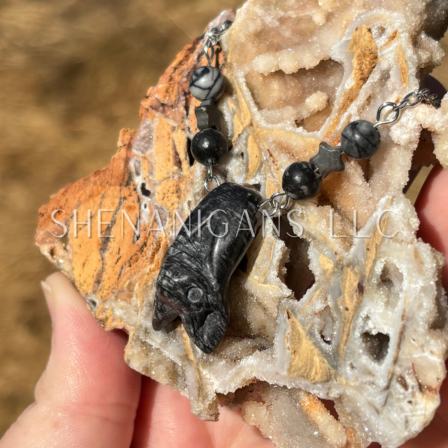 Spiderweb Jasper Hanging Fruit Bat Necklace with Spiderweb Jasper Beads