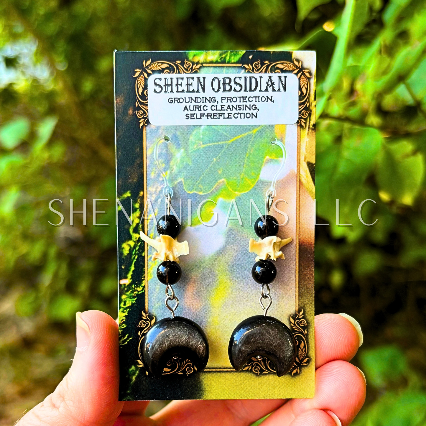Silver Sheen Obsidian Crescent Moon Earrings