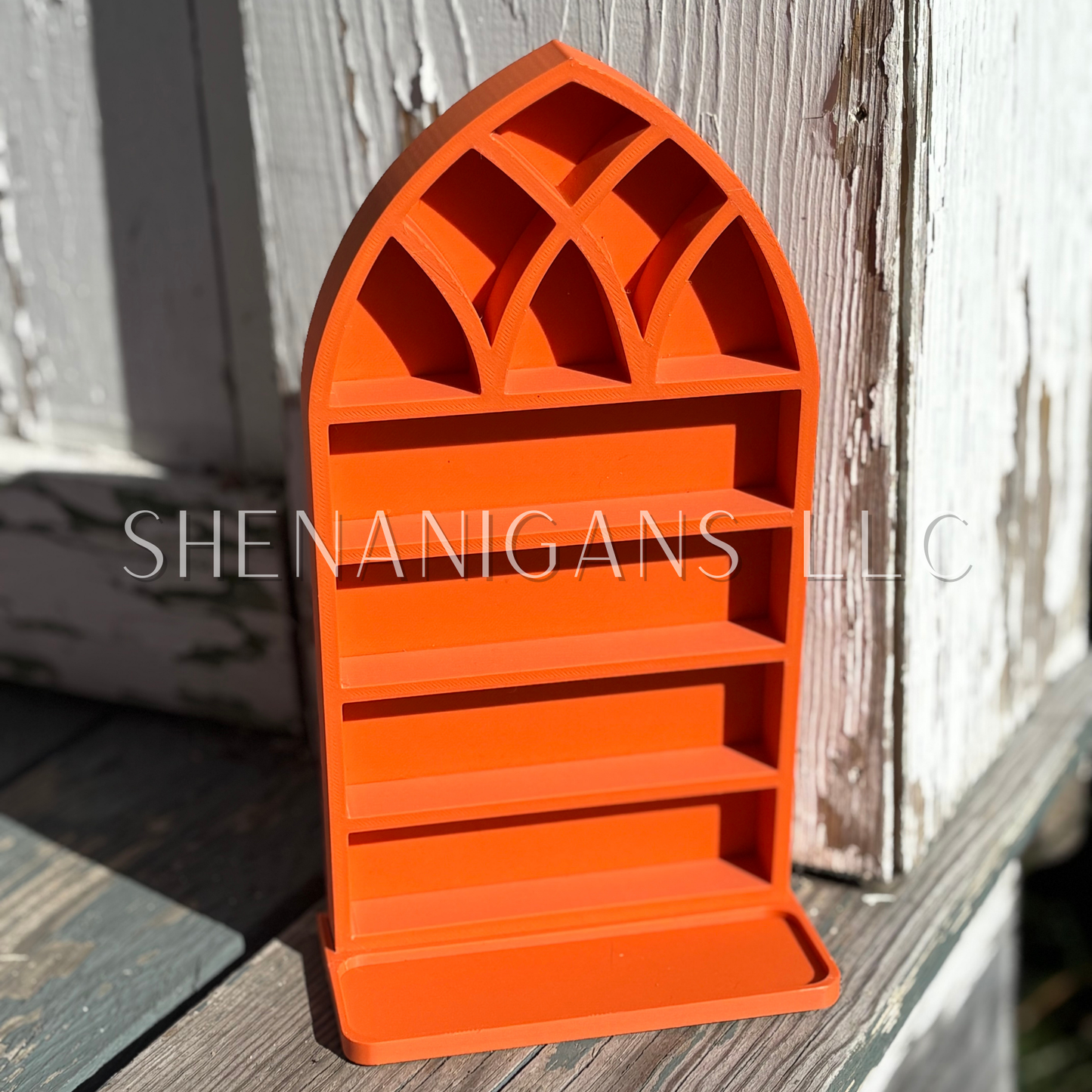 Curio Shelf Gothic Window w/ Tray - Size: Fits 1/2" wide Micro Jars 8x4 - Trinket, Desk, Crystal