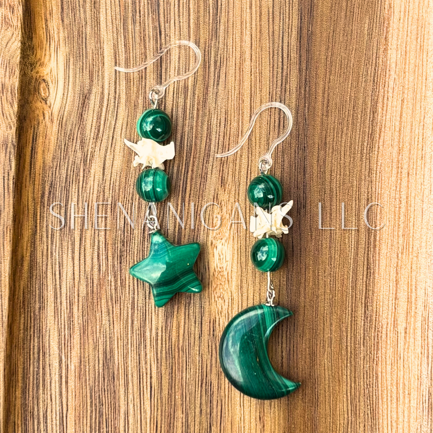 Malachite Moon and Star Earrings – Crystal Carving with Snake Vertebrae Beads