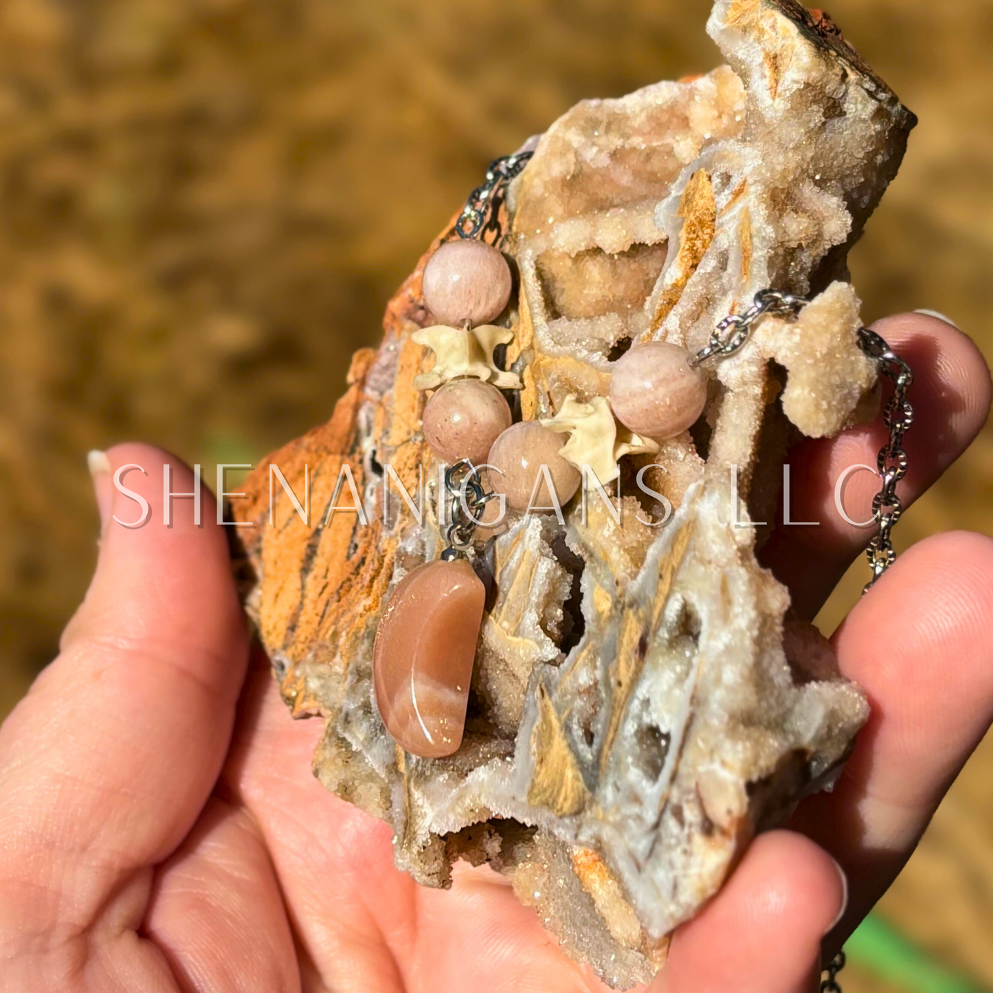 Sunstone Moon Necklace – Crystal Carving with Beads & Bone Detail