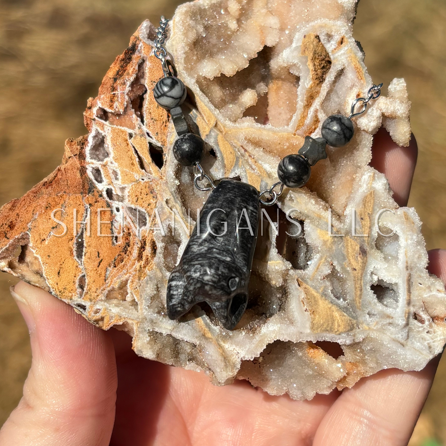 Spiderweb Jasper Hanging Fruit Bat Necklace with Spiderweb Jasper Beads