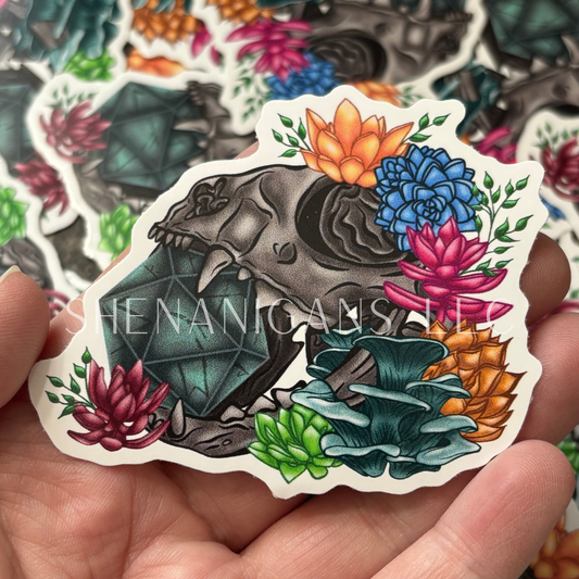 Cat Skull Runes Dice D20 Hand Drawn Digital Art Sticker, Mushroom Foliage Cottage Core Sticker