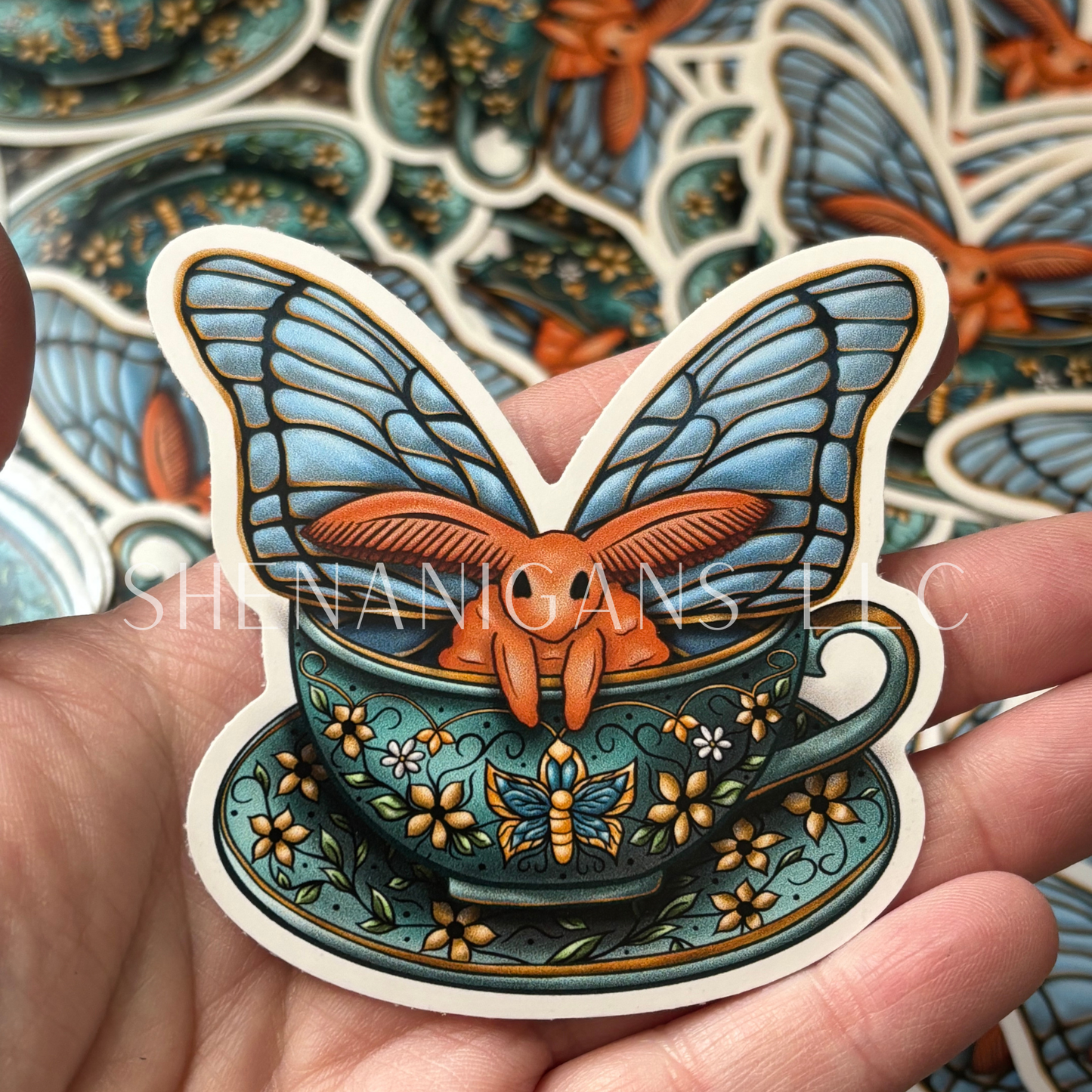 Teacup Flower Moth Hand Drawn Digital Art Sticker, Foliage Cottage Core