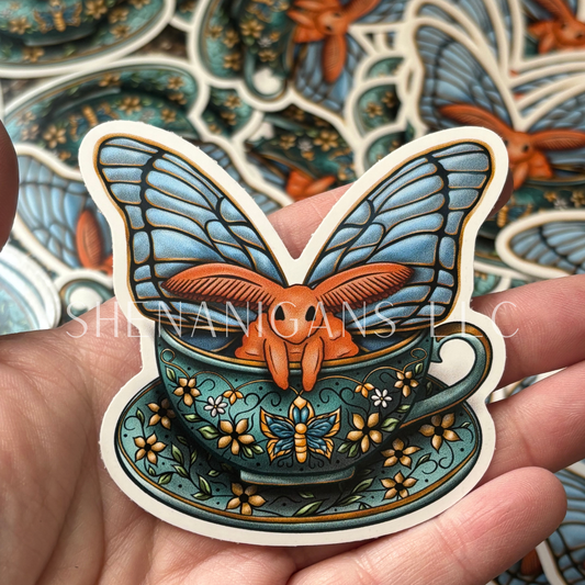 Teacup Flower Moth Hand Drawn Digital Art Sticker, Foliage Cottage Core