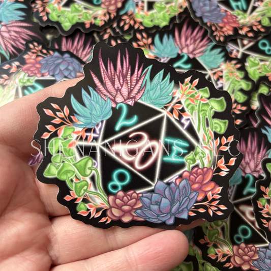 Dice D20 Hand Drawn Digital Art Sticker, Mushroom Foliage Cottage Core Sticker