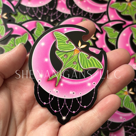 Lunar Moth Hand Drawn Digital Art Sticker, Luna Crescent Moon Foliage Cottage Core