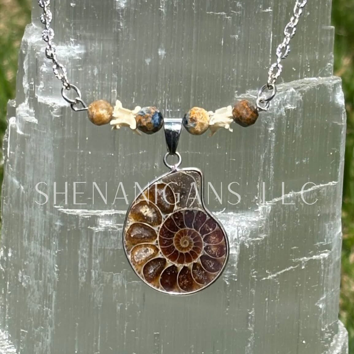 Sliced Ammonite Shell Necklace – Pietersite Beads & Rattlesnake Vertebrae
