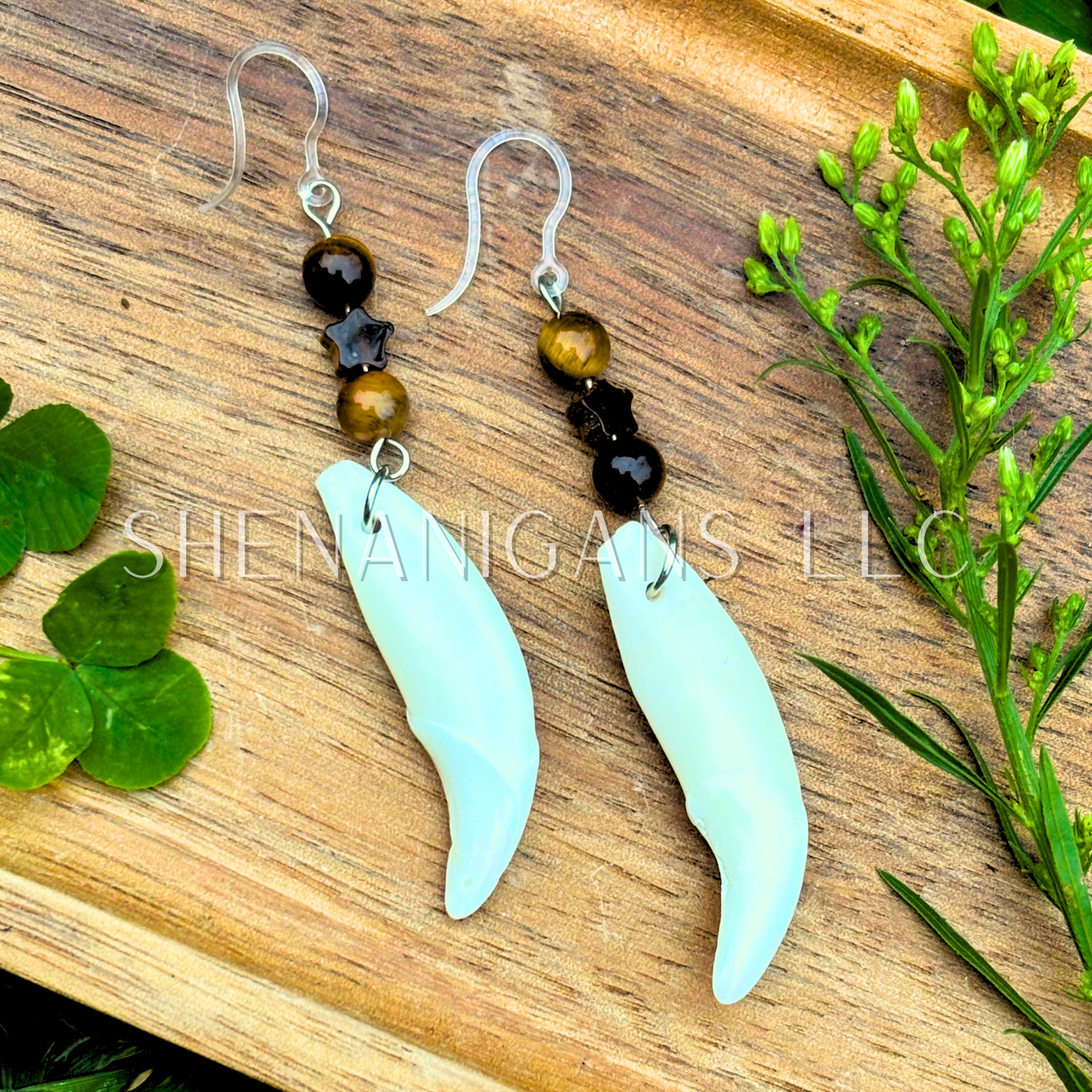 Tiger’s Eye Coyote Tooth Earrings – Crystal Star Dangle Jewelry