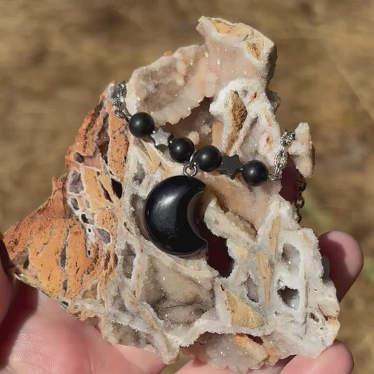 Obsidian Moon Necklace – Crystal Carving with Beads
