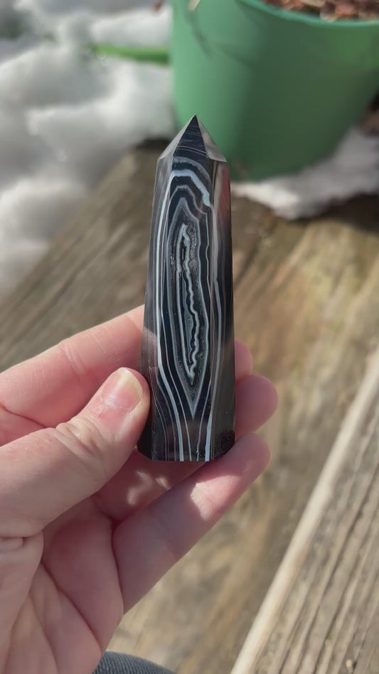Black Striped Agate Polished Point Mineral Specimen Gemstone Crystal Obelisk Wand